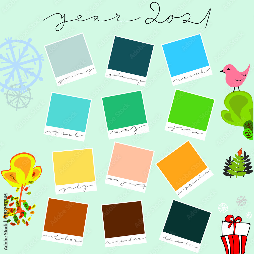 Year 2021 calendar template. Background with doodle illustrations, months stickers and calligraphic inscriptions. Twelve months in one vector template Year 2021 calendar template. Background with doodle illustrations, months stickers and calligraphic inscriptions. Twelve months in one vector template