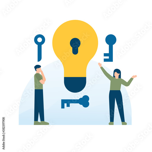 illustration of a man and woman standing by a lamp and working together to find the correct key. the concept of finding an idea, the key to success, is locked. problems and solutions. flat style. UI