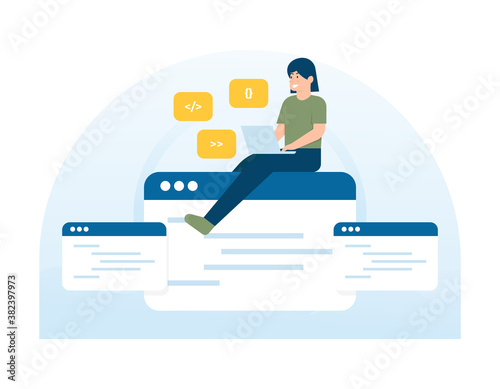 illustration of a female programmer working on a laptop and sitting on a coding program. concept of full stack developer, back end developer, freelance, development. flat style. UI