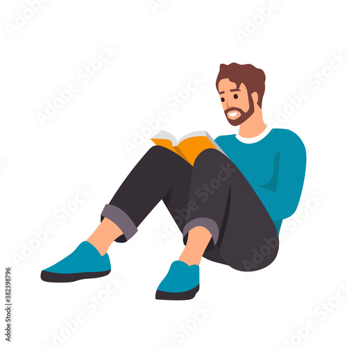 Flat man with home clothes reading book. Concept relax student character, room, day. Vector illustration. isolated on white background