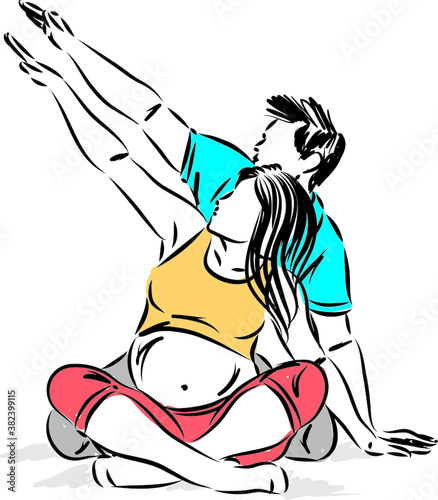 pregnant mother with man father fitness concept stretching vector illustration