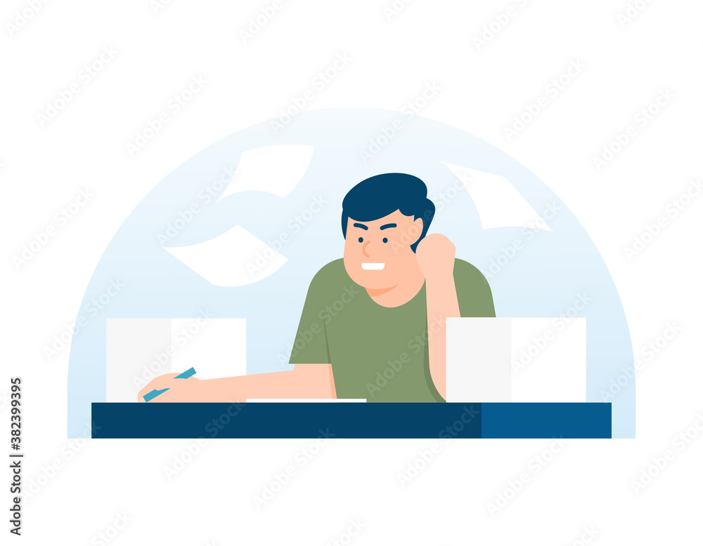 Obraz premium illustration of a male employee who is angry because there is still a lot of work. the concept of workload, work overtime, tasks are getting pile up. flat style. UI element design