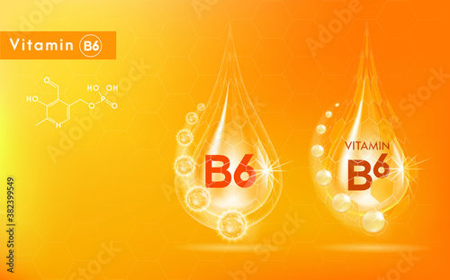 Vitamin B6 gold shining pill capsule. Vitamin complex with Chemical formula. Shining golden substance drop. Meds for health ads. Vector illustration.