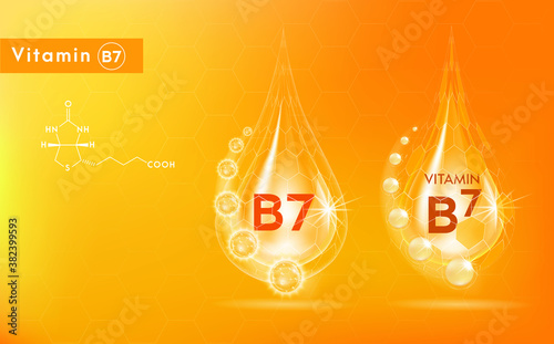 Vitamin B7 gold icon. Shining golden essence droplet. Beauty treatment nutrition skin care design. Vector illustration.