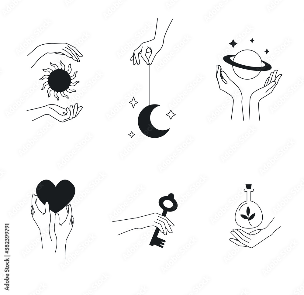 Logo design template with woman's hand and mystical celestial elements - sun, moon, heart, key, poison and planet. Line art minimalism style. Vector illustration Logo design template with woman's hand and mystical celestial elements - sun, moon, heart, key, poison and planet. Line art minimalism style. Vector illustration