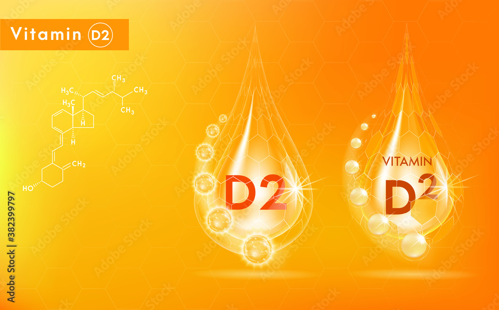 Vetor de Vitamin D2 and structure. Medicine capsule, Golden substance