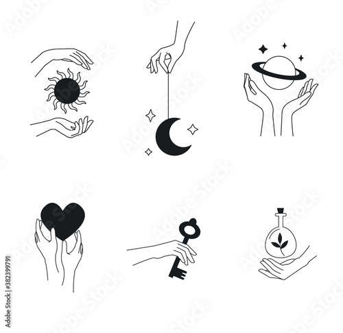 Logo design template with woman s hand and mystical celestial elements - sun  moon  heart  key  poison and planet. Line art minimalism style. Vector illustration