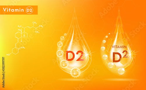 Vitamin D2 and structure. Medicine capsule, Golden substance. 3D Vitamin complex with chemical formula. Personal care and beauty concept. Vector Illustration