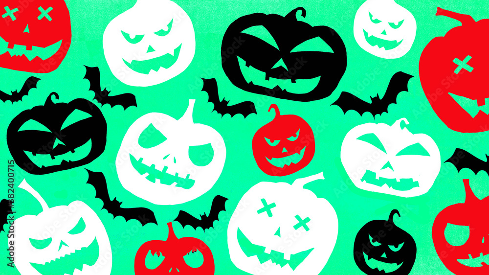 Fototapeta premium HALLOWEEN symbol background template design -White black red silhouette of scary carved luminous cartoon pumpkins and bats isolated on green texture