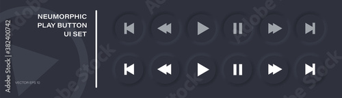 Play button icon set in modern neumorphism style; neomorphic vector music and media control symbol collection