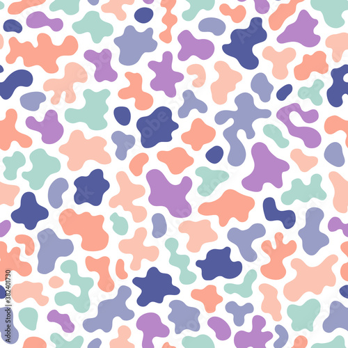 Abstract seamless pattern with organic shapes. Stylish vector texture with smooth blots, colorful spots. Funky background in trendy pastel colors. Modern repeat tileable design for decor, print, wrap