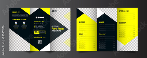 Food trifold brochure menu template. vintage fast food menu brochure for restaurant with black and yellow color