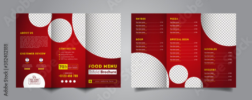 Food trifold brochure menu template. vintage fast food menu brochure for restaurant with red color