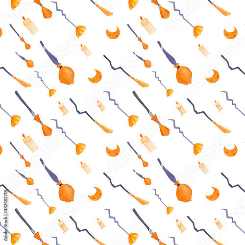 Halloween watercolor broomsticks seamless pattern. Moons, candles and brooms watercolor illustration. White background. Decorative wallpaper. 