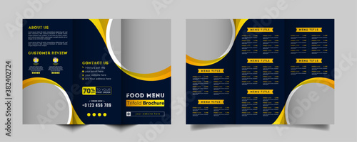 Food trifold brochure menu template. vintage fast food menu brochure for restaurant with blue and  yellow color