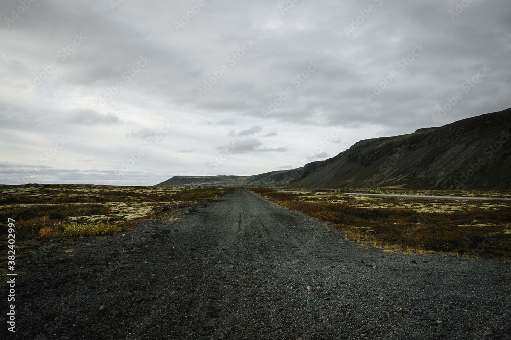 Icelandic wild road. Lonely landscape