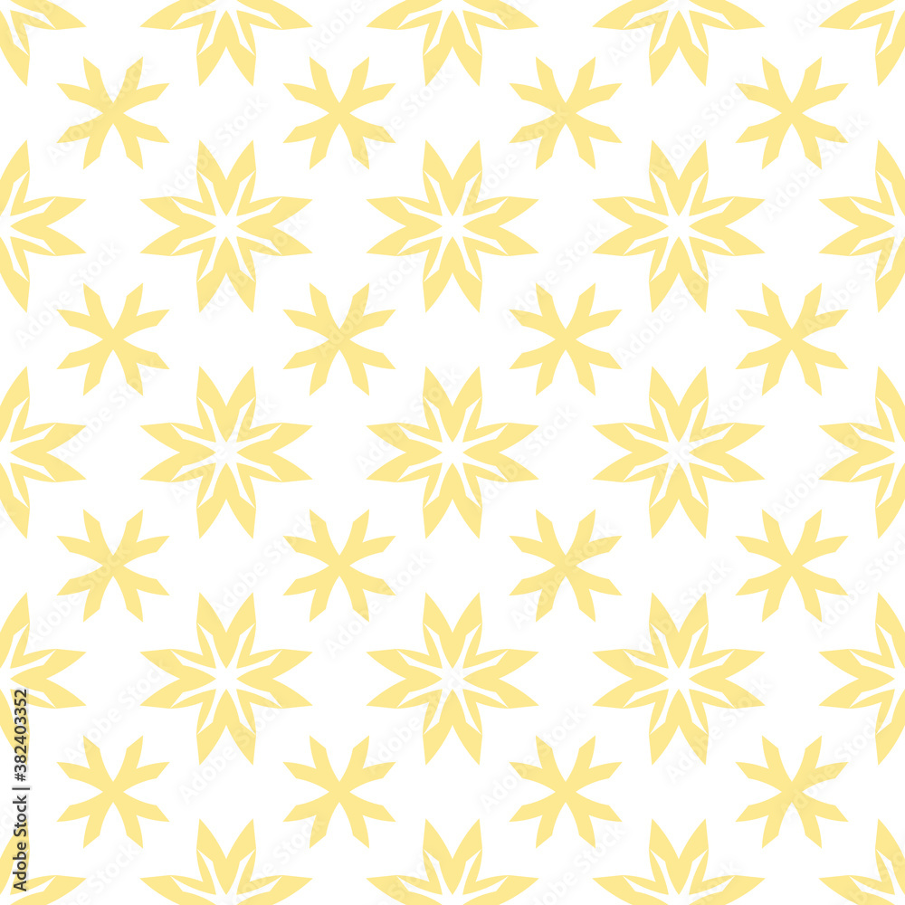 Simple vector floral geometric seamless pattern. Abstract texture with stylized flowers, crosses, stars. Cute geometrical ornament. Background in yellow and white color. Repeat design for decor, print Simple vector floral geometric seamless pattern. Abstract texture with stylized flowers, crosses, stars. Cute geometrical ornament. Background in yellow and white color. Repeat design for decor, print