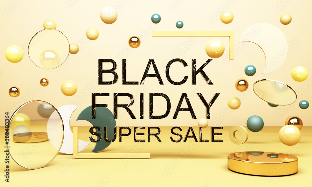 Fototapeta premium Black Friday Poster or banner with geometric shape in black and yellow colour concept 3d rendering