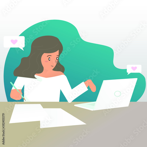 Cartoon character woman working with laptop on work space table flat design.