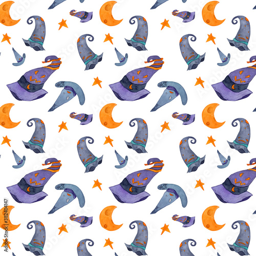 Halloween Hats and Moon watercolor seamless pattern. Celebration decorative background. Hand drawn art wallpaper. 