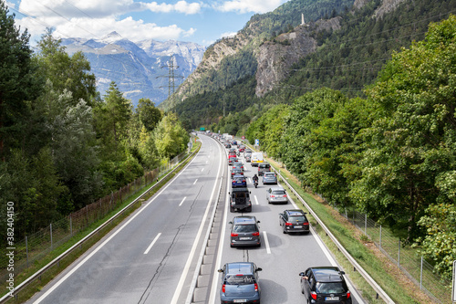 Εκτύπωση καμβά Rothenbrunnen, Switzerland: 12 August 2018 - Weekend traffic jam on the highway towards Swiss Alps creation regions, there is no contraflow in direction to metroplises