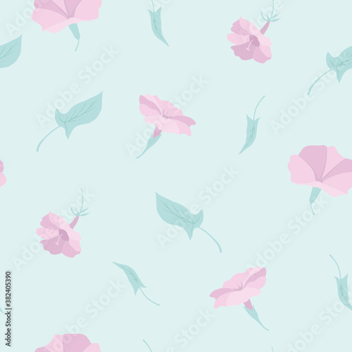 Vector seamless pattern with pink bindweeds and mint green background