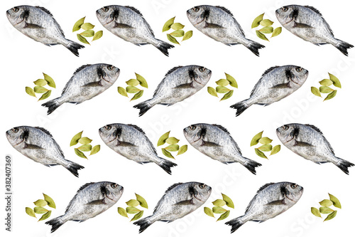 White background with dorado and laurel. Concept of food and promotion