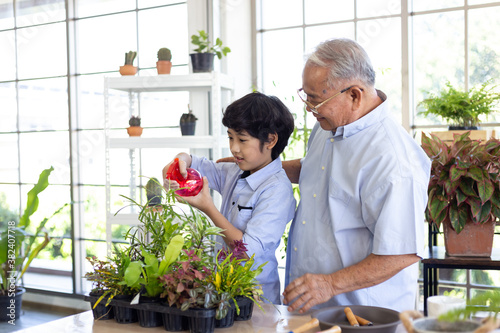 Asian grandfather and his grandson spent time together in the garden.