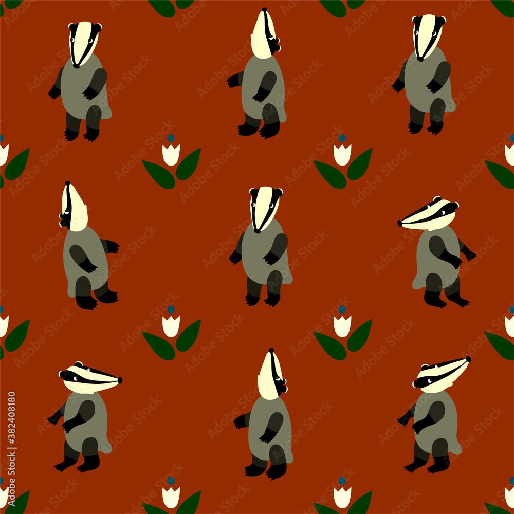 Bright pattern with badgers and abstract flowers on the red background . In Scandinavian style. For textiles, wallpapers, designer paper, etc Bright pattern with badgers and abstract flowers on the red background . In Scandinavian style. For textiles, wallpapers, designer paper, etc