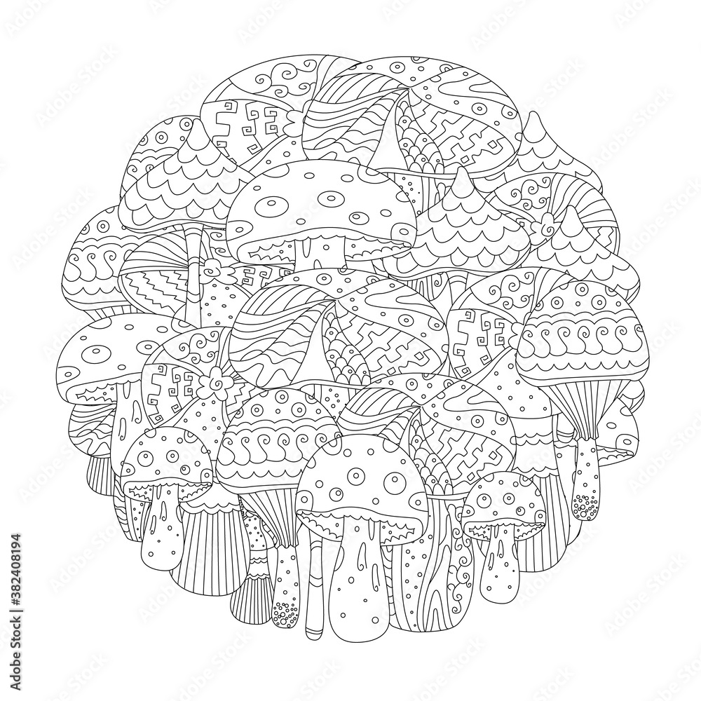 Fototapeta premium outlined circle pattern with collection of funny mushrooms for y
