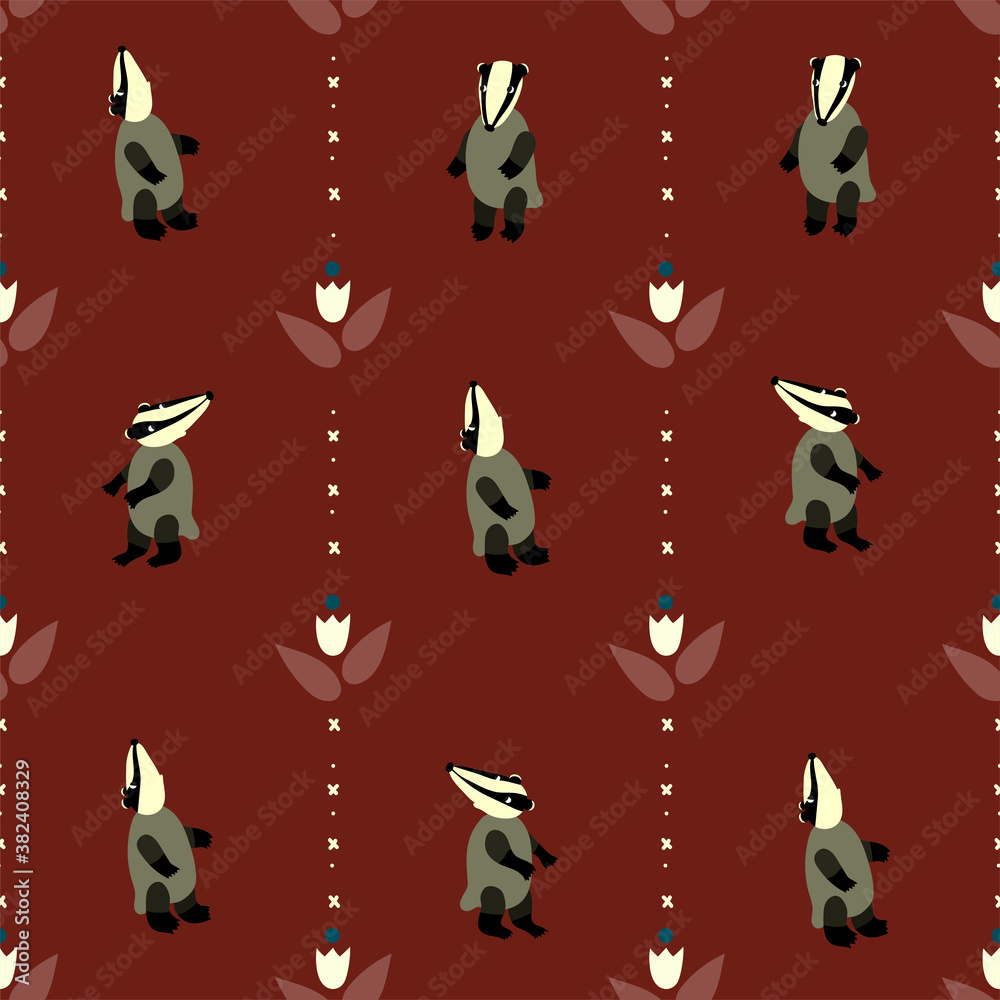 Rerto  pattern with badgers and elements of ethnic  embroidery on the dark red background . In Scandinavian style. For textiles, wallpapers, designer paper, etc