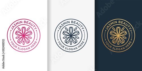 Jasmine logo with emblem line art style and business card design template Premium Vector
