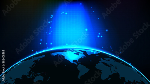 abstract futuristic background of blue glowing light and north america world maps
