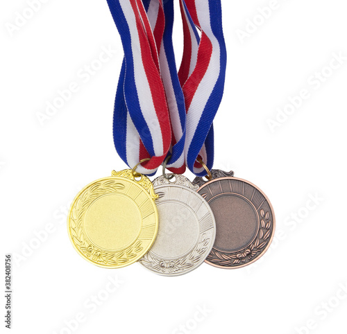 Gold, silver and bronze medal isolated on white background	