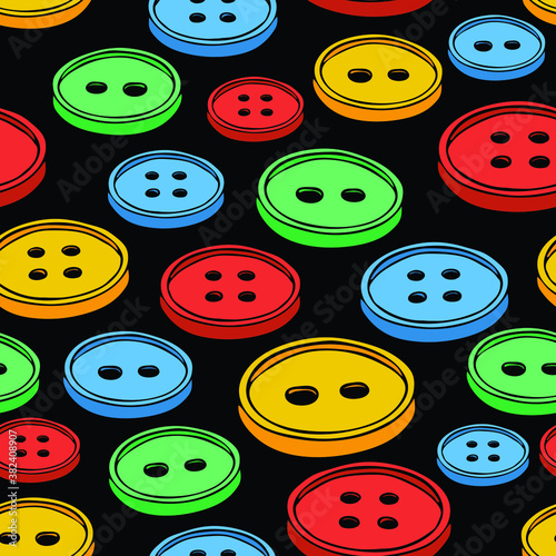 Seamless vector pattern with colourful buttons on black background. Simple sawing wallpaper design. Dressmaker fashion textile.
