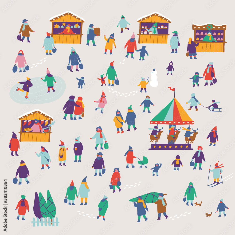 Christmas market and holiday fair outdoor flat vector. Winter holidays atmosphere, traditional holiday shopping. Flat vector illustration