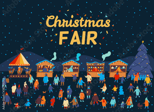 Christmas market and holiday fair outdoor flat vector. Winter holidays atmosphere, traditional holiday shopping. Flat vector illustration