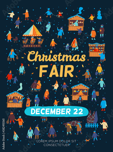 Christmas market and holiday fair outdoor flat vector. Winter holidays atmosphere, traditional holiday shopping. Flat vector illustration