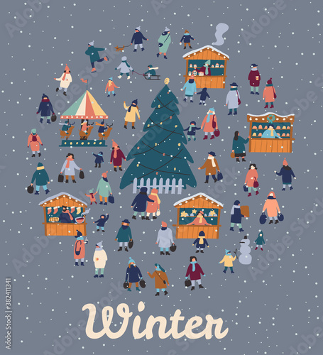 Christmas market and holiday fair outdoor flat vector. Celebrating winter holidays at town square. Christmas atmosphere, traditional holiday shopping.