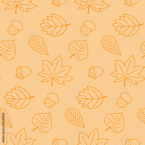 Seamless pattern with different leaves  acorns and mushrooms. Autumn style. Beige and orange colors. Perfect for wallpaper  gift paper  pattern fills  web page background  autumn greeting cards