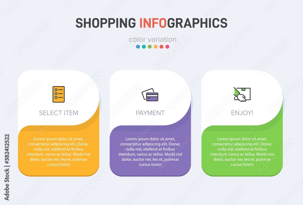 Concept of shopping process with 3 successive steps. Three colorful graphic elements. Timeline design for brochure, presentation, web site. Infographic design layout. Concept of shopping process with 3 successive steps. Three colorful graphic elements. Timeline design for brochure, presentation, web site. Infographic design layout.