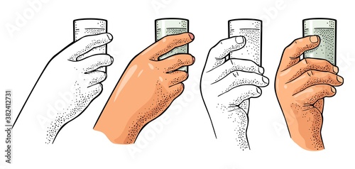 Hands holding glass vodka. Vintage vector engraving
