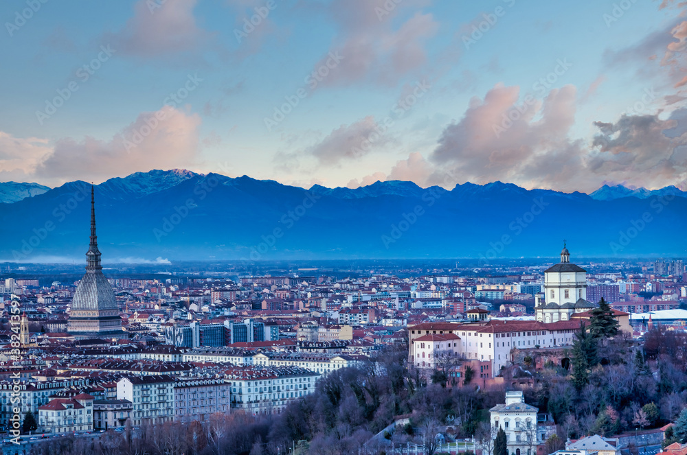 Turin panoramic skyline at sunset with Alps in background