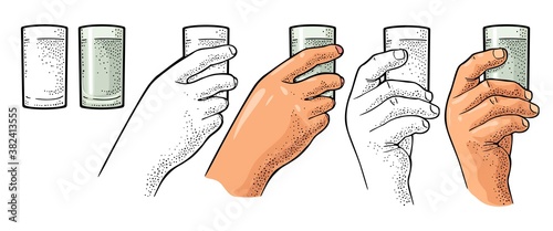 Hands holding glass vodka. Vintage vector engraving