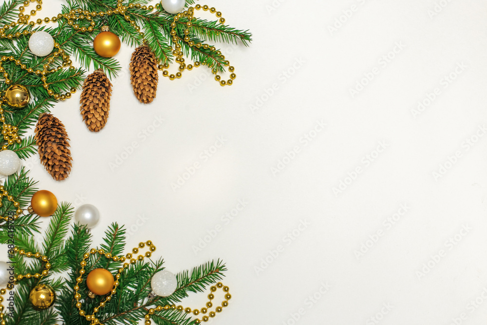Christmas composition. gifts, fir branches and cones, gold jewelry, new year's concept. flat layout, space for text