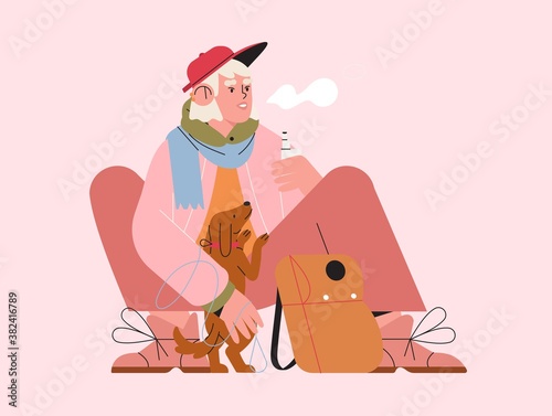 Cute trendy young woman walking a puppy and smoking electronic cigarette. Female character sitting with knapsack and vaping e-cigarette. Smoke-free cigarette concept. Bad Habit  Hipster Lifestyle.