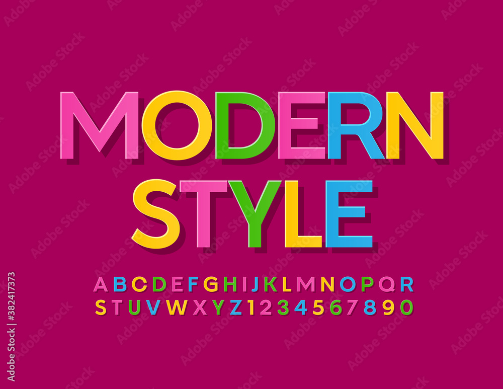 Vector Modern Style Bright Font. Colorful trendy Alphabet. Creative Letters and Numbers set for Kids