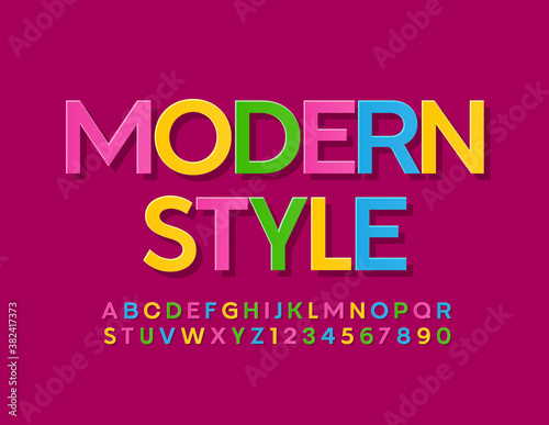 Vector Modern Style Bright Font. Colorful trendy Alphabet. Creative Letters and Numbers set for Kids