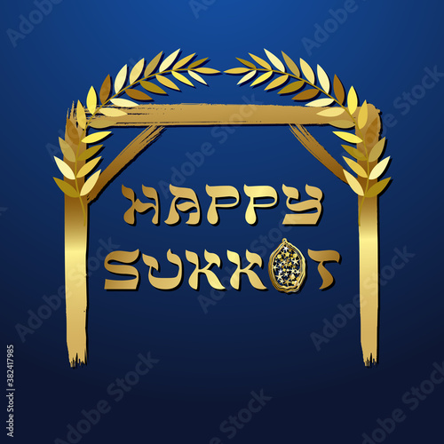 A Happy Sukkot card concept. Creative text. Jewish traditional holiday. Decorative festive sign. Isolated abstract graphic design template. Yiddish calligraphy. Night background. Golden silhouette.