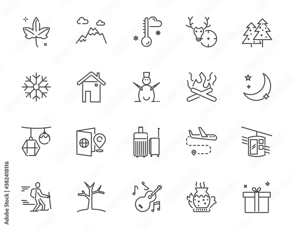 Plakat Vector thin line icon set of winter and travel